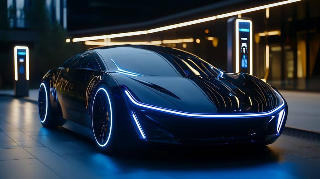 Futuristic electric car parked at a modern charging station in a sleek urban environment