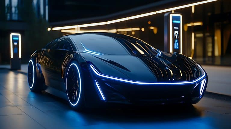 Futuristic electric car parked at a modern charging station in a sleek urban environment