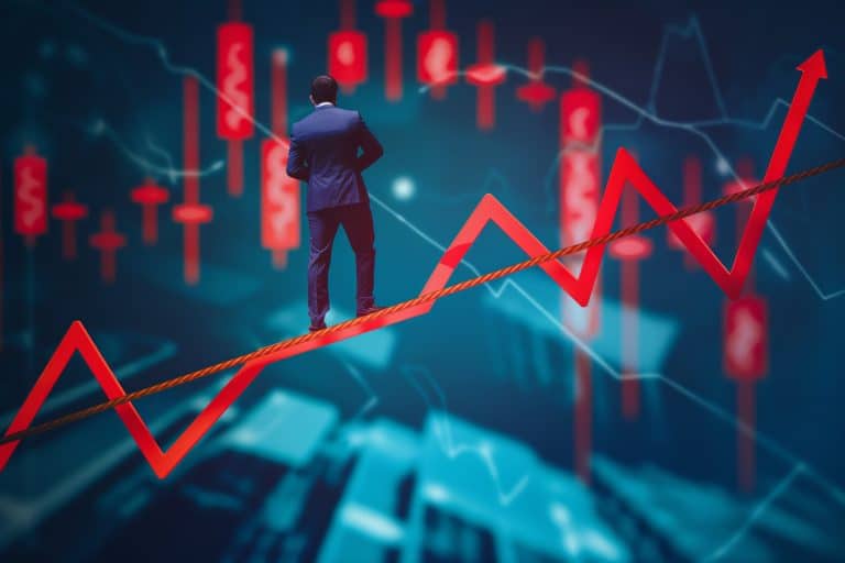 Financial investment volatility, up and down arrows profit graph due to Coronavirus crisis, businessman trying to balance like a tightrope walker so that volatility does not gobble up his investments