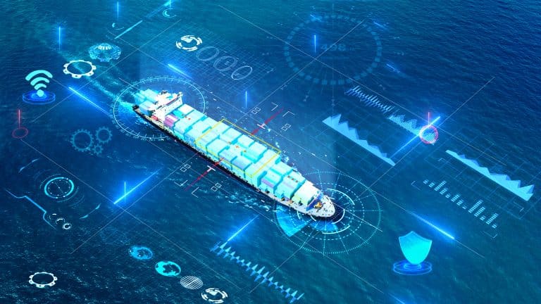 AI technology Cargo Container Ship. Tehcnology Global Logistics international delivery concept, World map logistic and supply chain network distribution Container Ship running to customs ocean.